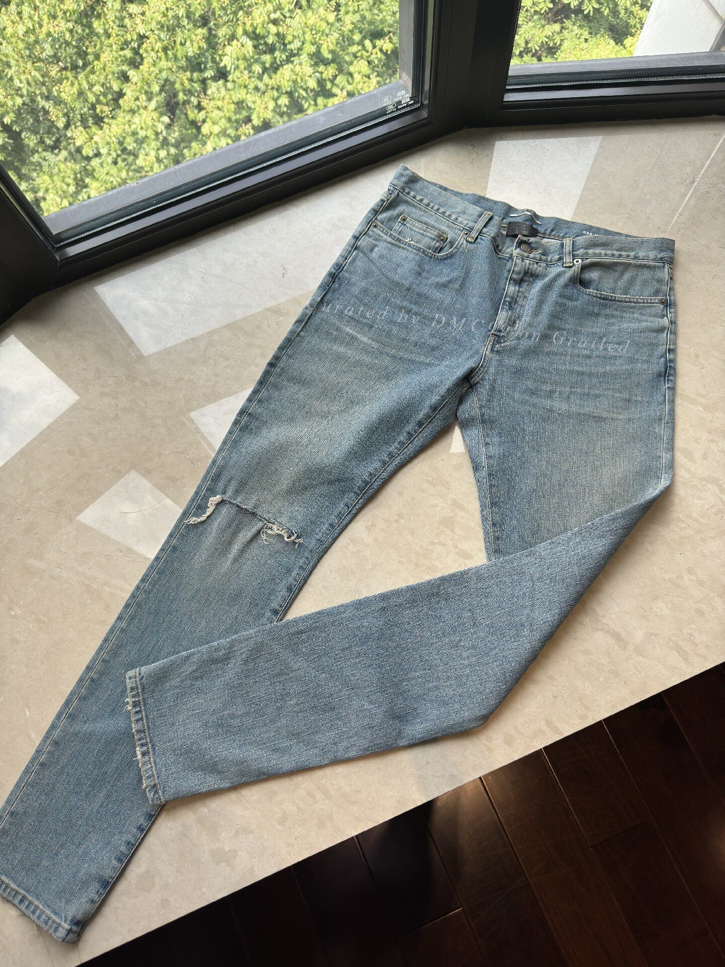 YSL Men's Washed Blue Ripped Jeans