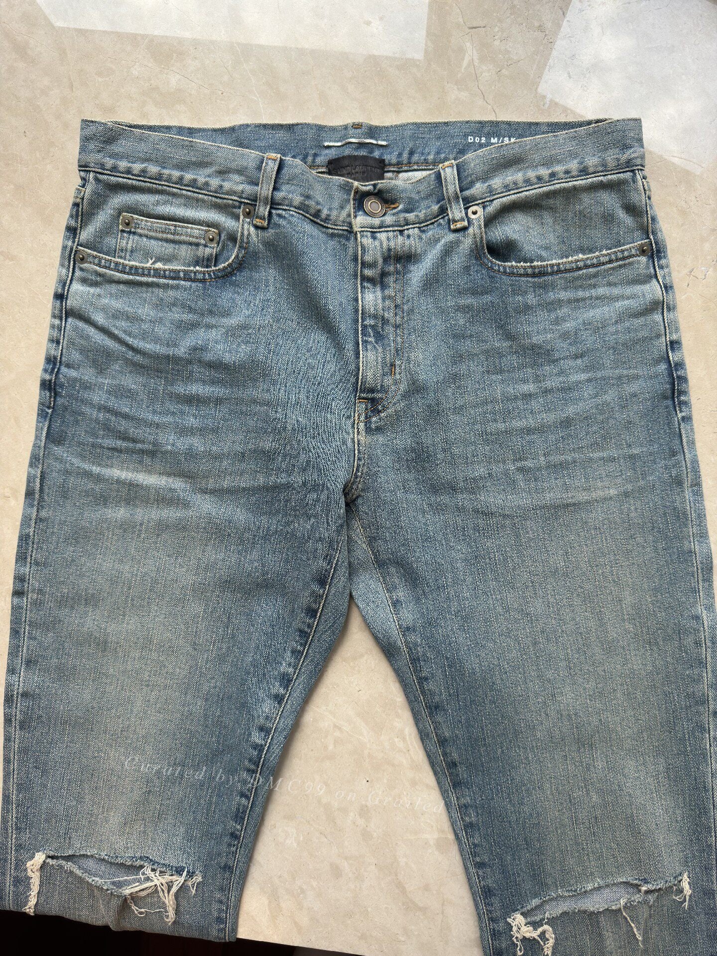 YSL Men's Washed Blue Ripped Jeans
