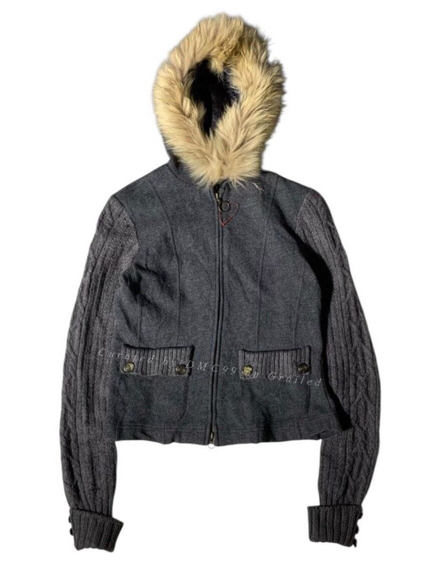 Comme ca du mode Knit Fur Collar Jacket