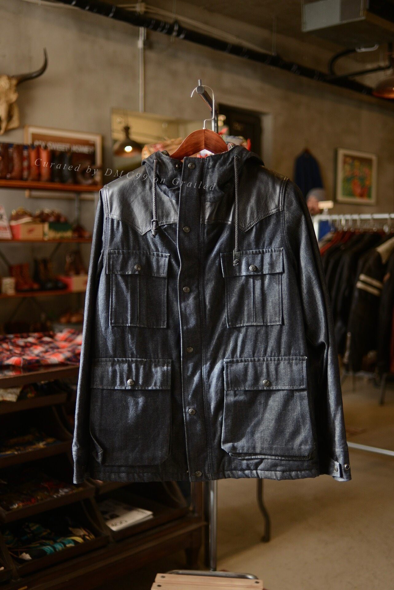 Schott Patchwork Leather Padded Denim Jacket