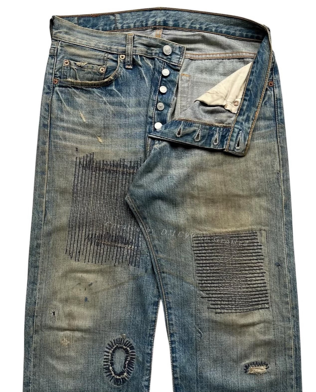 Vintage Levi's 501 Distressed Patchwork Blue Denim