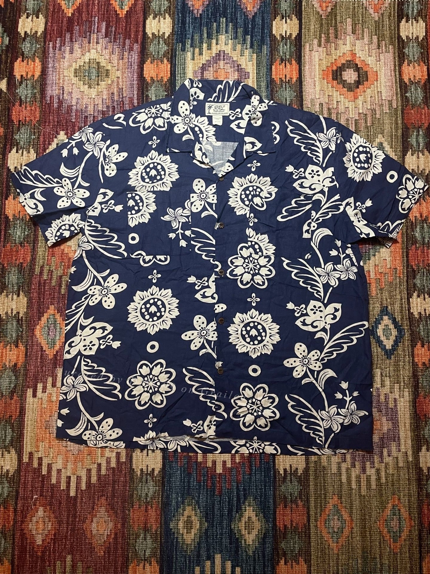 RRL Indigo Print Linen Blend Hawaiian T-shirt XL