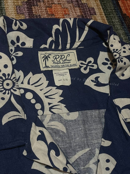 RRL Indigo Print Linen Blend Hawaiian T-shirt XL