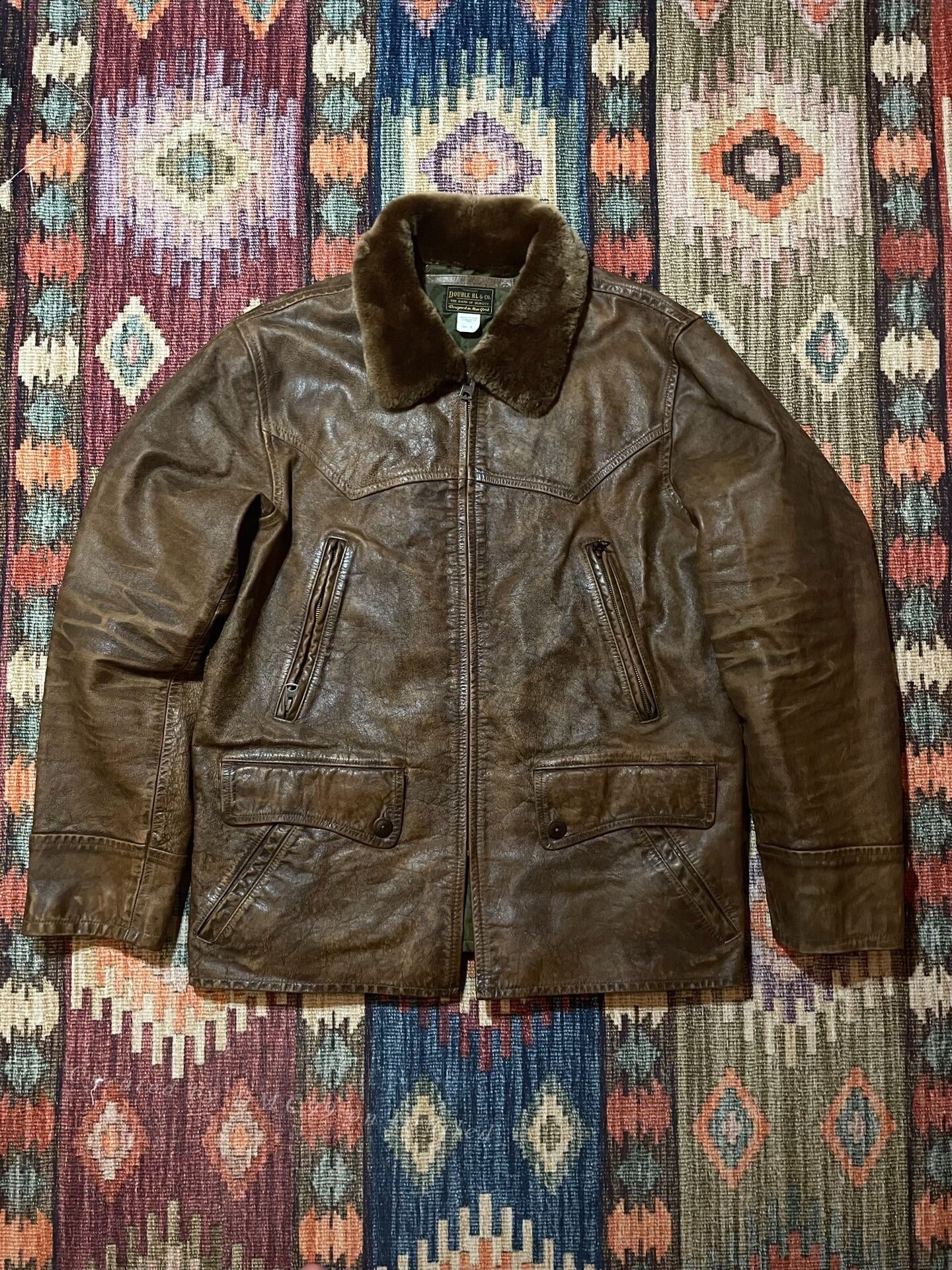 RRL Distressed Leather Jacket w/Fur Collar