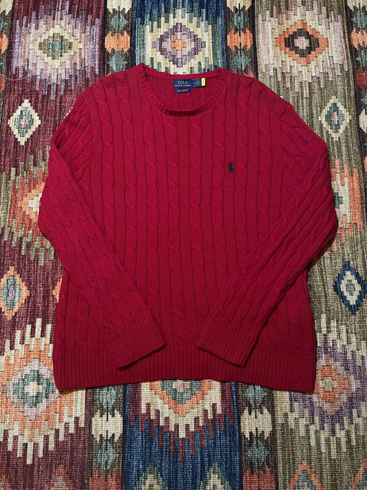 RALPH LAUREN Red Cable Knit Pony Pullover