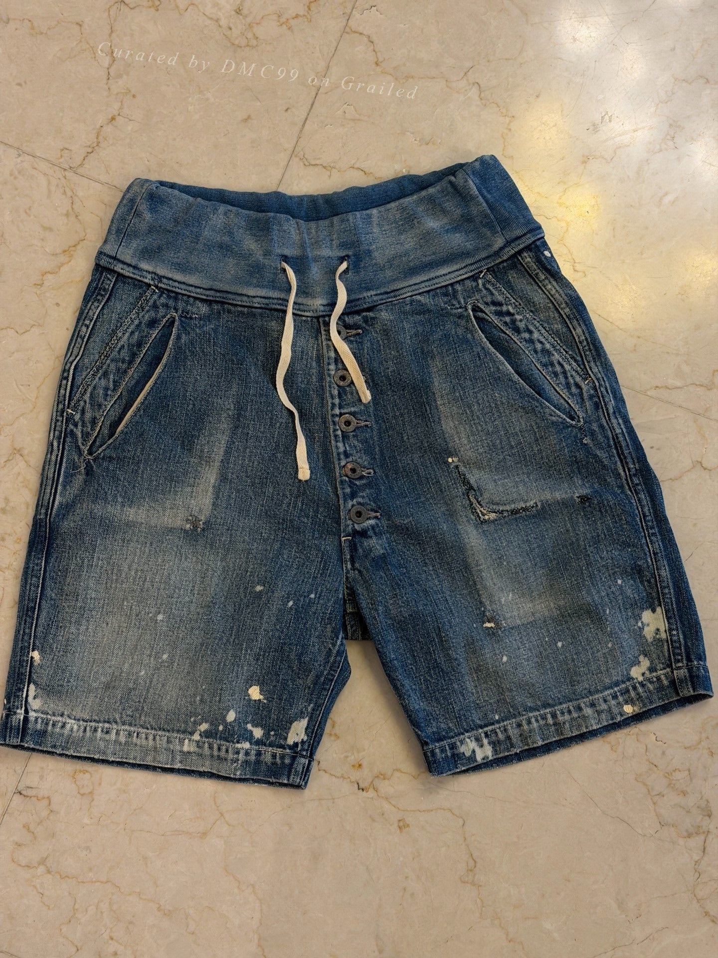 KAPITAL Washed BORO Splatter Drawstring Denim Shorts
