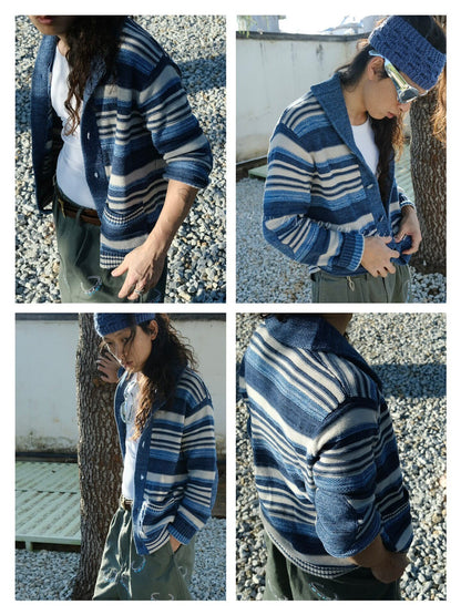 RRL 2025 SS Indigo Stripe Knit Cardigan