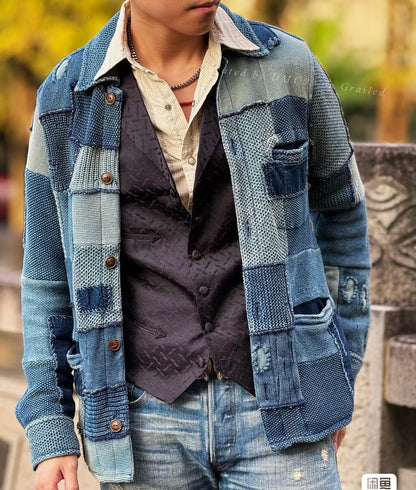 RRL Patchwork Distressed Knit Cardigan