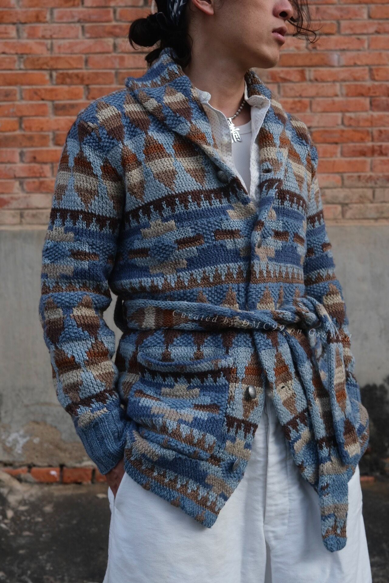 RRL Indian Totem Argyle Shawl Collar Sweater