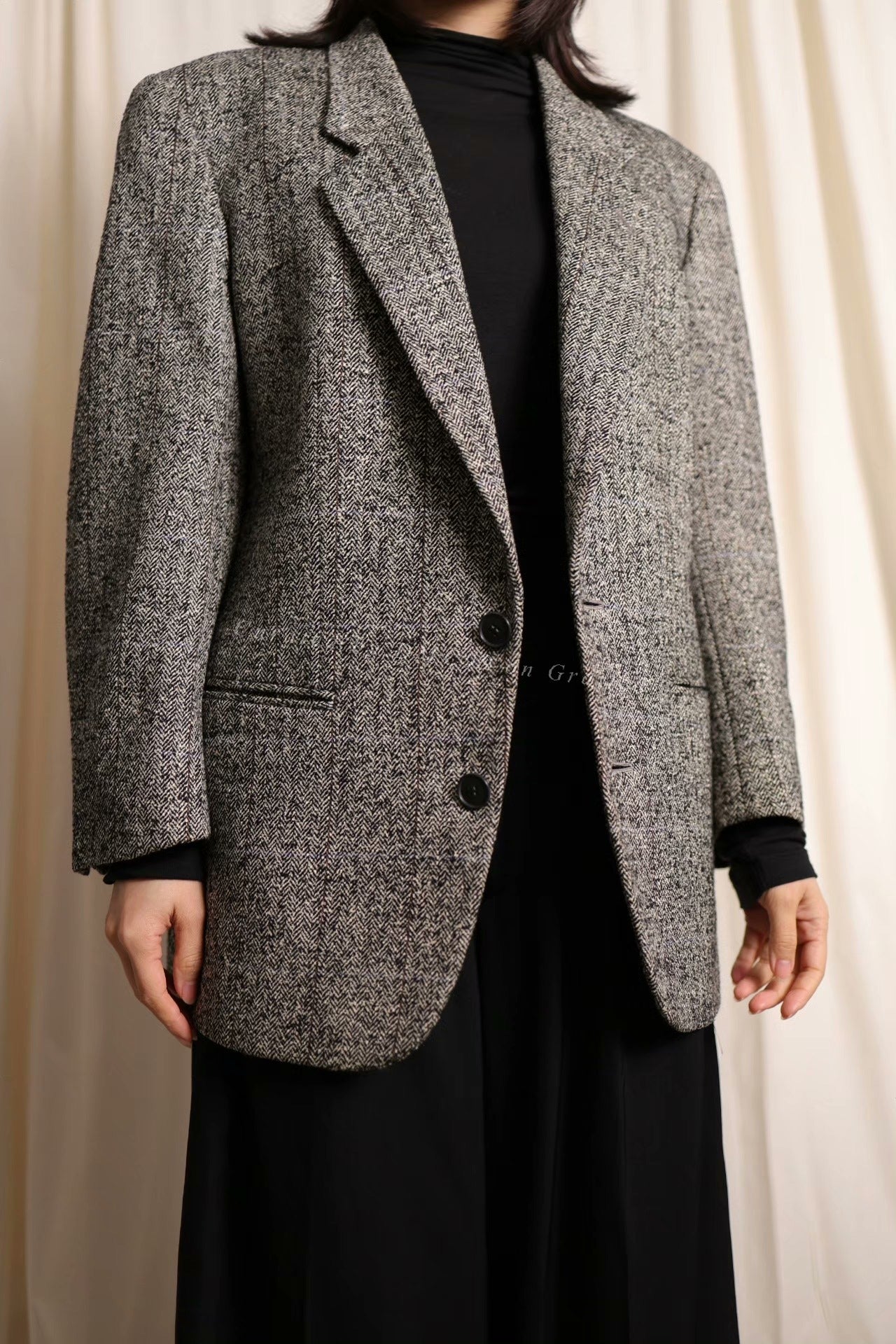YSL Gray Herringbone Wool Suit Blazer