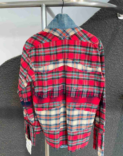 Greg Lauren Red checkered patchwork dhoti shirt